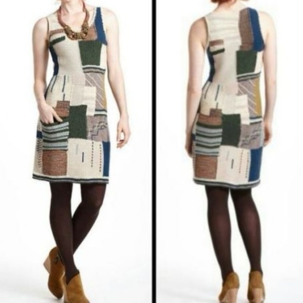 Sleeping on Snow Sweater dress Patchwork Variation blue brown tan ivory MED